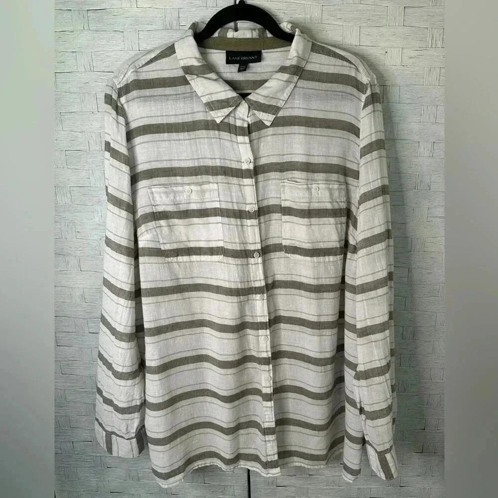 Lane Bryant Womens Blouse linen cotton blend button down striped white plus size